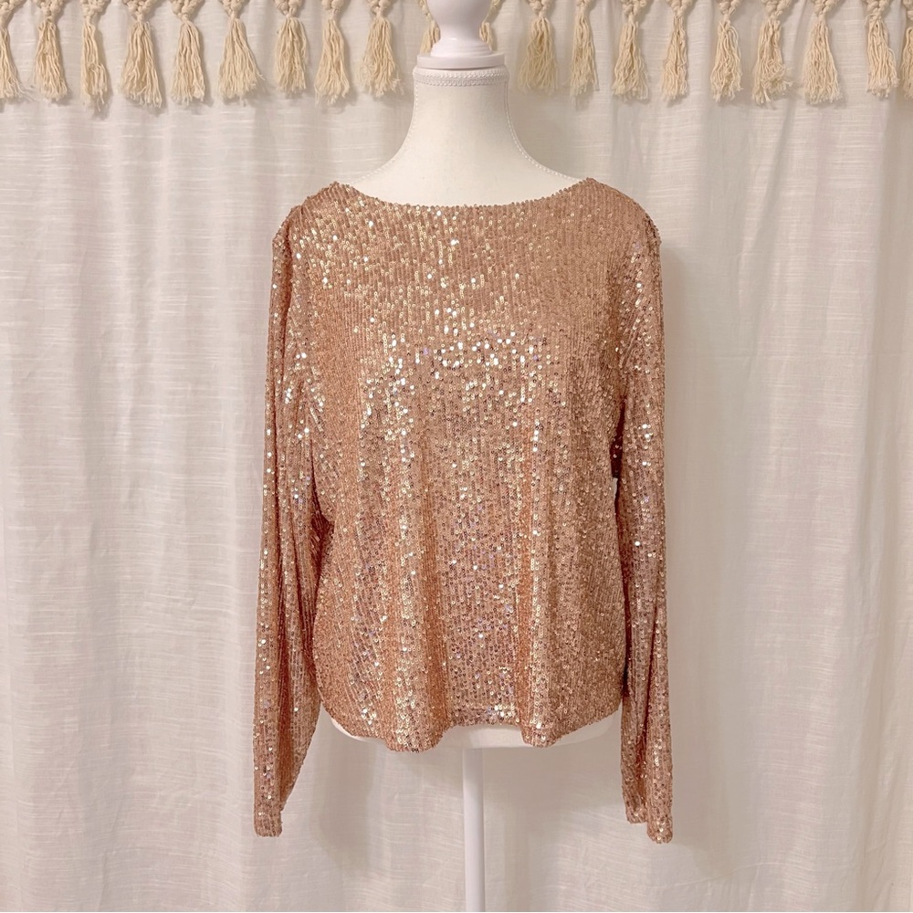 Halogen Sequin Long Sleeve Top Gold